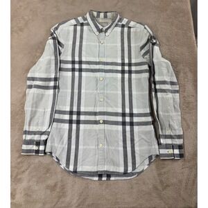 Burberry shirt Mens S/P Grey White Oversized Check Linen Cotton Button Down